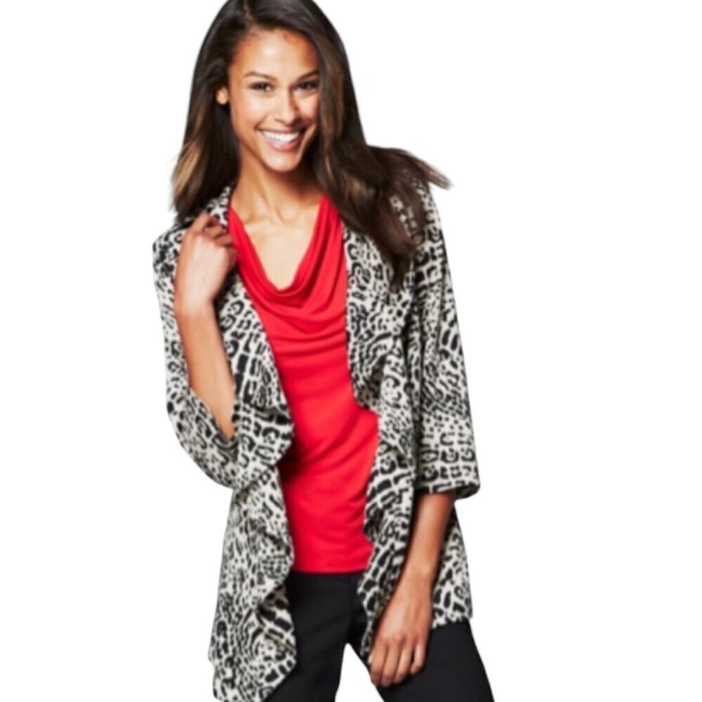 Calvin Klein Black Brown Leopard Print Ruffle Cardigan, Open Front Women's Sz 8